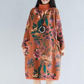 Long-sleeve Turtleneck Floral Midi Dress