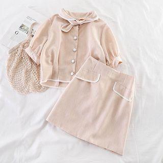 Set: Peter Pan Collar Blouse + High-waist Skirt