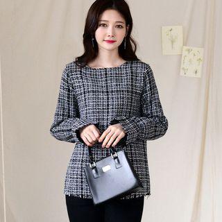 Round-neck Puff-sleeve Tweed Top