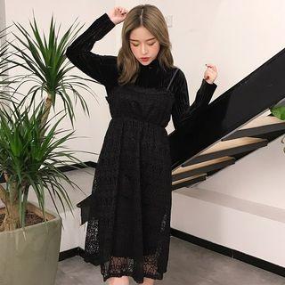 Set: Velvet Long-sleeve T-shirt + Lace Spaghetti Strap Midi Dress