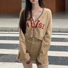 V-neck Lettering Knit Jacket / High-waist Skirt