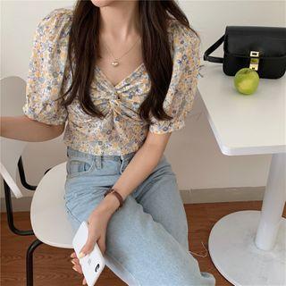 Short-sleeve Twisted Floral Blouse As Shown In Figure - One Size
