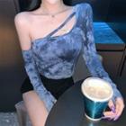 Long-sleeve Off-shoulder Tie-dye T-shirt Blue - One Size