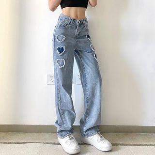 Heart Applique High Waist Straight Leg Jeans