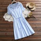 Short-sleeve Frill Trim Embroidered A-line Dress