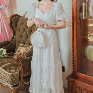 Short-sleeve Dotted Tiered Midi A-line Dress