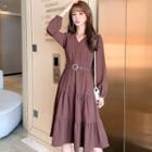 Long-sleeve Tiered V-neck Midi A-line Dress