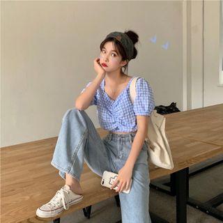 Gingham Short-sleeve Blouse / Wide-leg Jeans