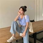 Gingham Short-sleeve Blouse / Wide-leg Jeans