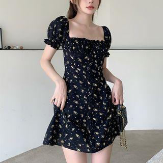 Square-neck Puff-sleeve Floral Print A-line Dress