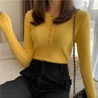 Button Plain Long-sleeve Knit Top