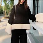 Set: Mock-turtleneck Two-tone Sweater + Wide-leg Knit Pants