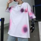 Lettering Dye Print Elbow-sleeve T-shirt White - One Size