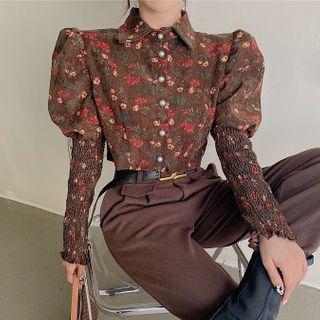 Long-sleeve Cropped Floral Print Corduroy Shirt / Straight-fit Dress Pants