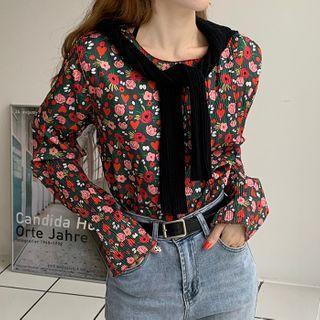 Long-sleeve Floral Print T-shirt Floral Print - Green - One Size