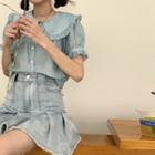 Short-sleeve Frill Trim Buttoned Blouse / Denim A-line Mini Skirt
