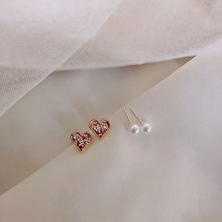 2-pair Set: Faux Pearl / Rhinestone Heart Earring Champagne - One Size