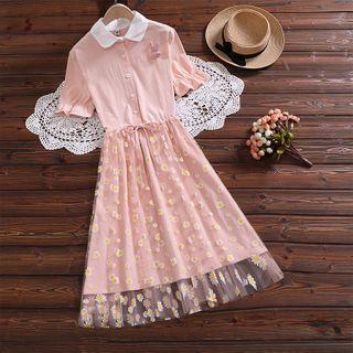 Collared Floral Print Short-sleeve Mesh Overlay A-line Dress