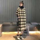Plaid Turtle-neck Loose-fit Hooded Dress As Figure - One Size