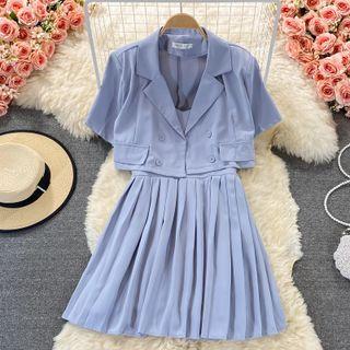 Set: Double-breasted Crop Blazer + Pleated Slipdress