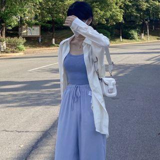 Plain Knit Camisole Top / Long-sleeve Shirt / Drawstring Wide Leg Pants