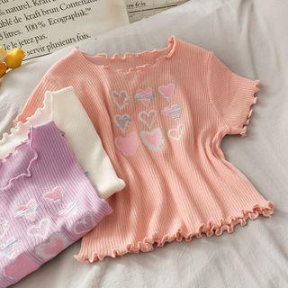 Heart-embroidered Ruffled-trim Crop Knit Top