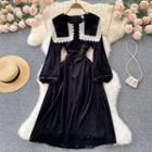 Lace Trim Peter Pan Collar Long-sleeve Velvet Dress Black - One Size