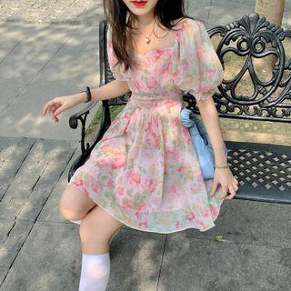 Square-neck Floral Chiffon A-line Mini Dress