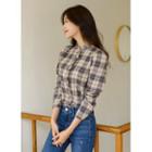 Frill-trim Napped Plaid Blouse Navy Blue - One Size