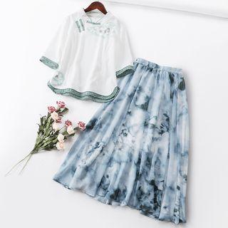 Set: Flower Print Lace Trim Elbow-sleeve Chinese Traditional Blouse + Midi A-line Skirt