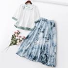 Set: Flower Print Lace Trim Elbow-sleeve Chinese Traditional Blouse + Midi A-line Skirt