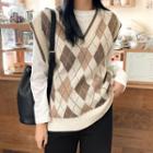 V-neck Wool Blend Argyle Knit Vest