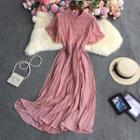 Short-sleeve Accordion Pleat Maxi A-line Dress