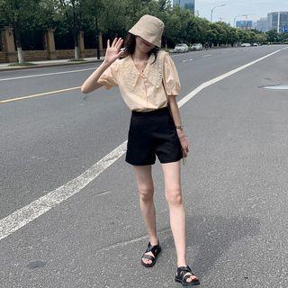 Plain Lace Button-up Blouse Almond - One Size
