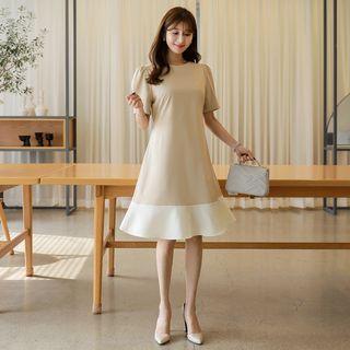 Puff-sleeve Contrast-hem Midi Dress