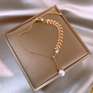 Leaf Alloy Faux Pearl Pendant Bracelet Bm2013 - 1 Pc - Gold - One Size