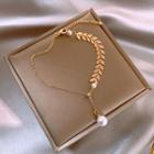 Leaf Alloy Faux Pearl Pendant Bracelet Bm2013 - 1 Pc - Gold - One Size