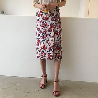 Floral Linen Blend Midi Wrap Skirt