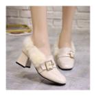 Faux Shearling Lined Block Heel Buckled Loafers