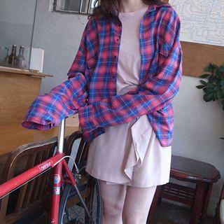 Long-sleeve Cropped Plaid Shirt Red - One Size