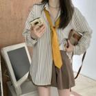 Polo Collar Striped Oversize Shirt Vertical Stripe - One Size