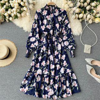 Long-sleeve Stand-collar Print Ruffle Dress
