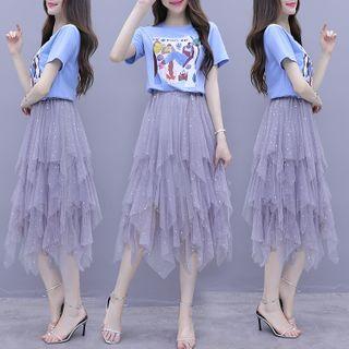 Set: Printed Short-sleeve T-shirt + Layered Midi A-line Mesh Skirt