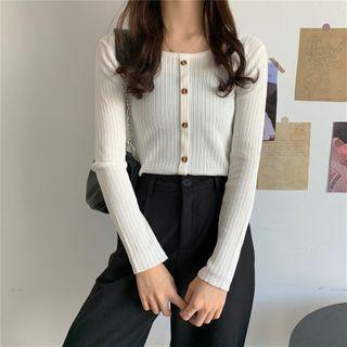 Plain Long-sleeve Knit Single-breasted T-shirt