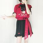 Set: Short-sleeve Mock Collar Cat Print Top + Wide-leg Shorts