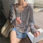 Long-sleeve Striped Button-up T-shirt Stripe - Black & White - One Size