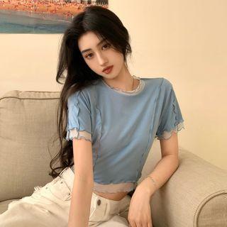 Short-sleeve Lettuce Edge Top Blue - One Size