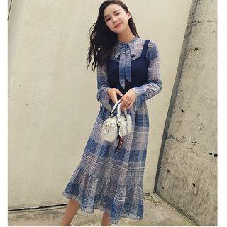 Set: Long-sleeve Plaid Midi Chiffon Dress + Sleeveless Crop Knit Top