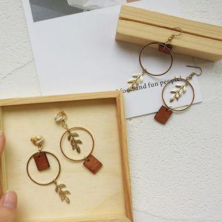 Non-matching Wooden Block & Metal Leaf Dangle Earring