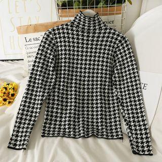 Houndstooth High-neck Knit Top Black - One Size